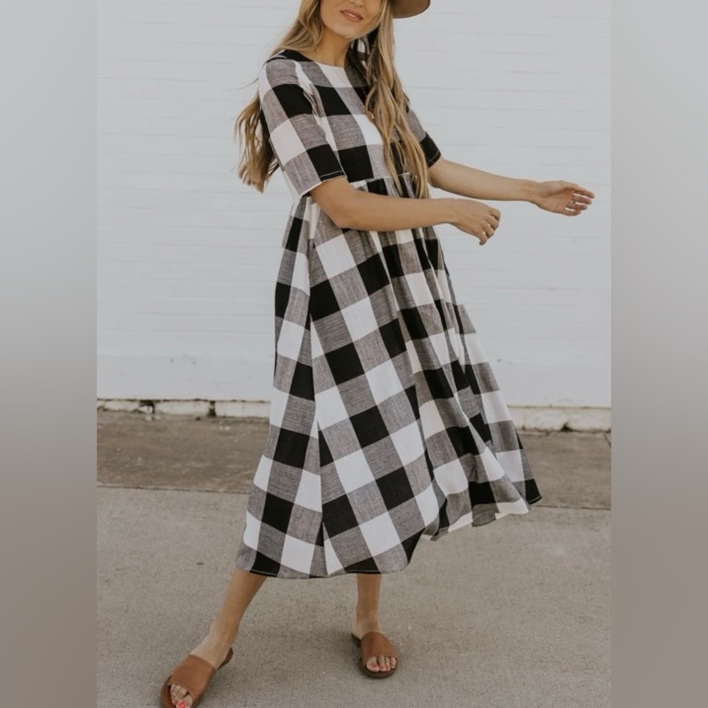 Roolee Black and White Checkered Midi Dress